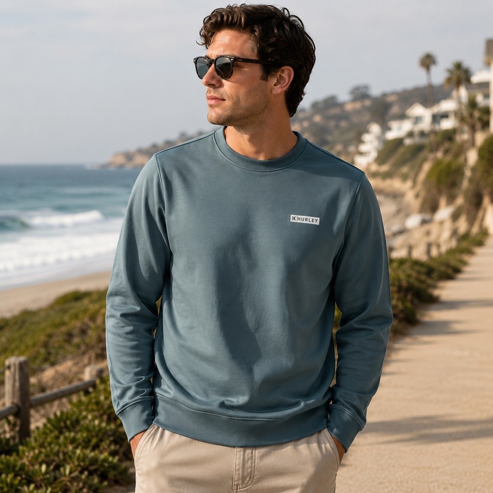 Hurley Mens Crewneck Sweatshirt Teal Blue Fleece Lined Logo Medium